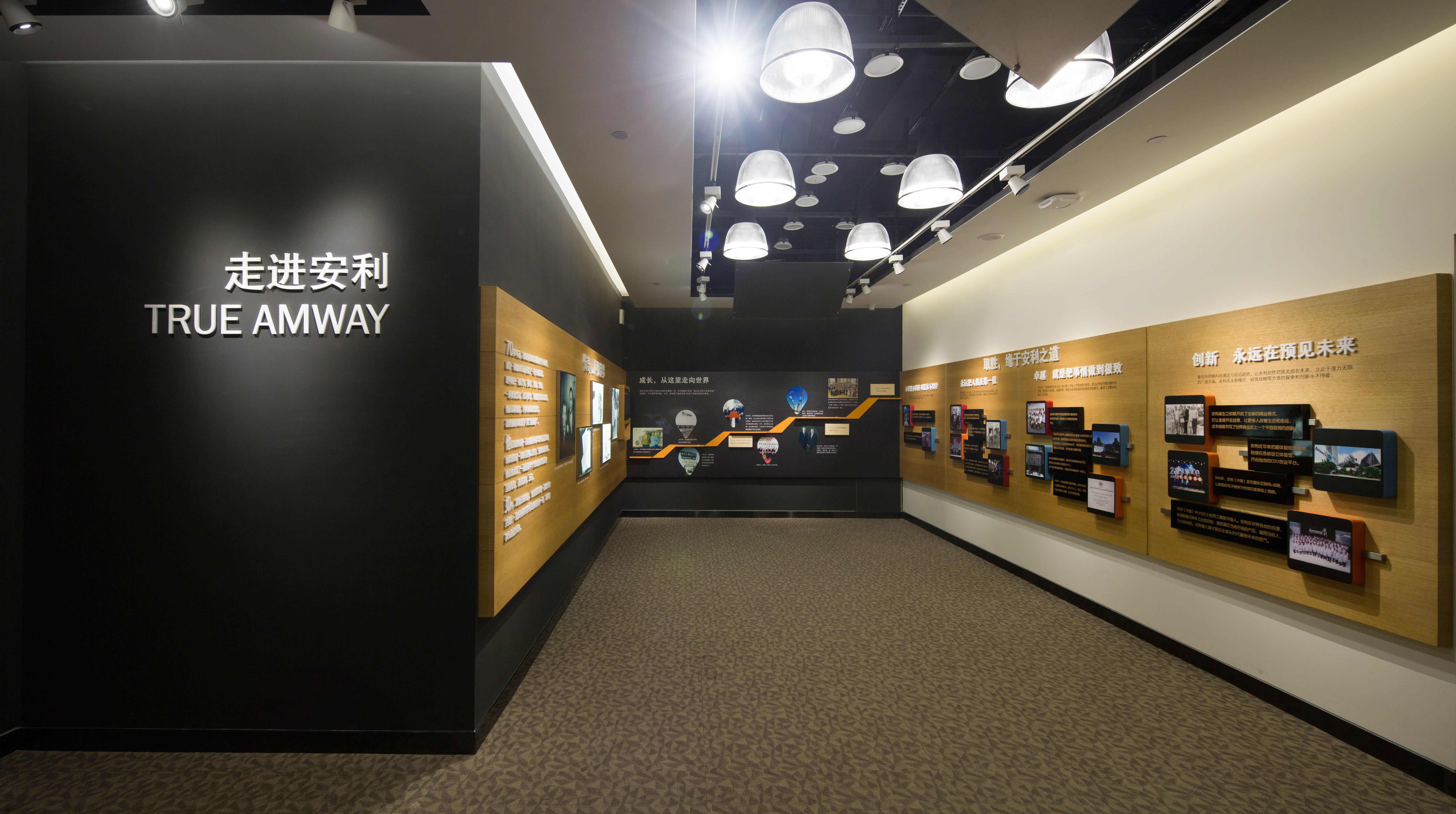 画面呈现安利企业文化展示长廊，左侧墙面设有“走进安利 TRUE AMWAY”标识，两侧展墙陈列品牌发展历程、文化理念相关图文，包含“成长，从这里走向世界”“取胜，缘于安利之道”“卓越 就是把事情做到极致”“创新 永远在预见未来”等核心表述，整体氛围庄重明亮，清晰展现安利的品牌底蕴与发展脉络。