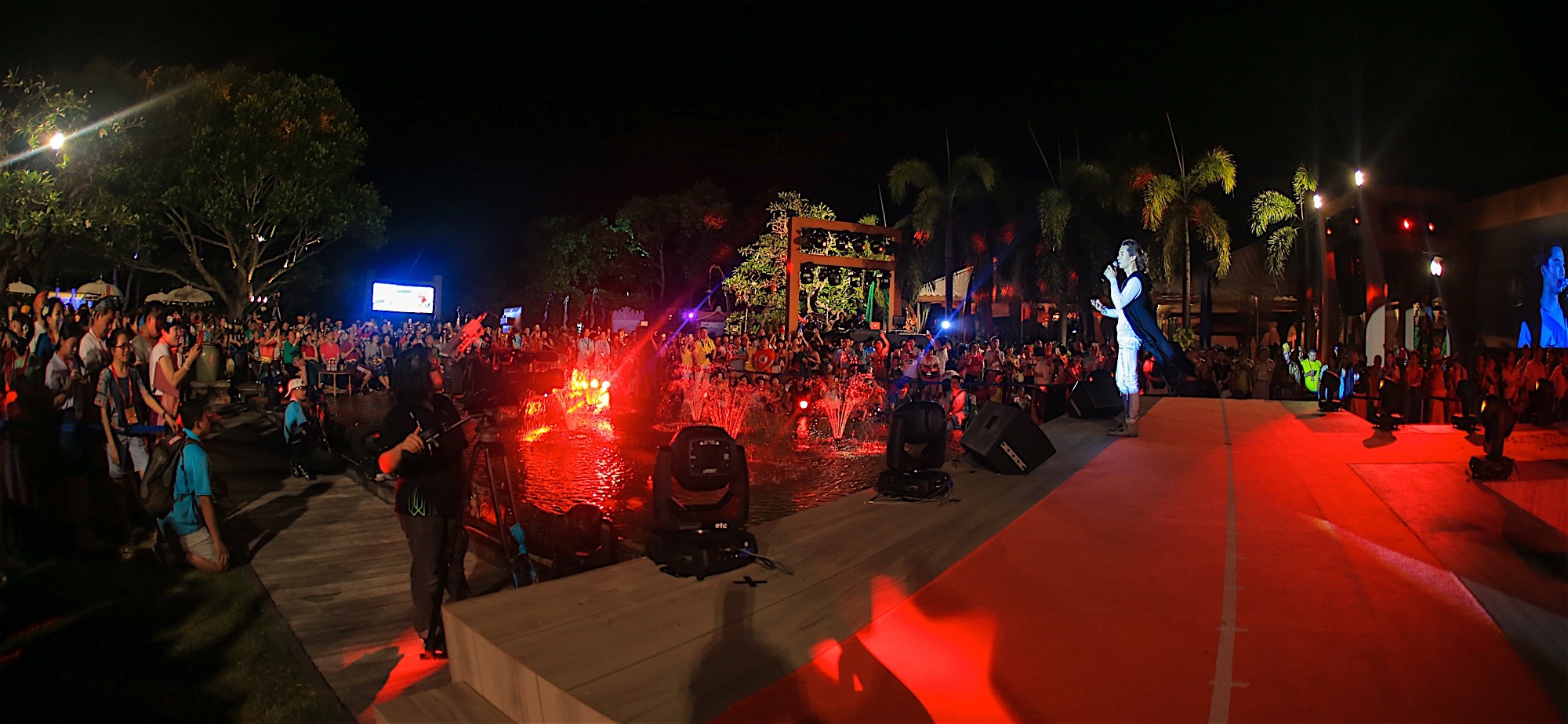 夜幕下的安利户外年会现场，表演者站在红毯舞台上持麦演唱，台下聚集了大量热情的安利伙伴。现场灯光璀璨，水景喷泉被红色灯光映衬得格外亮眼，整体氛围热烈昂扬，充分彰显出安利品牌活动的活力与伙伴们的高涨参与热情。