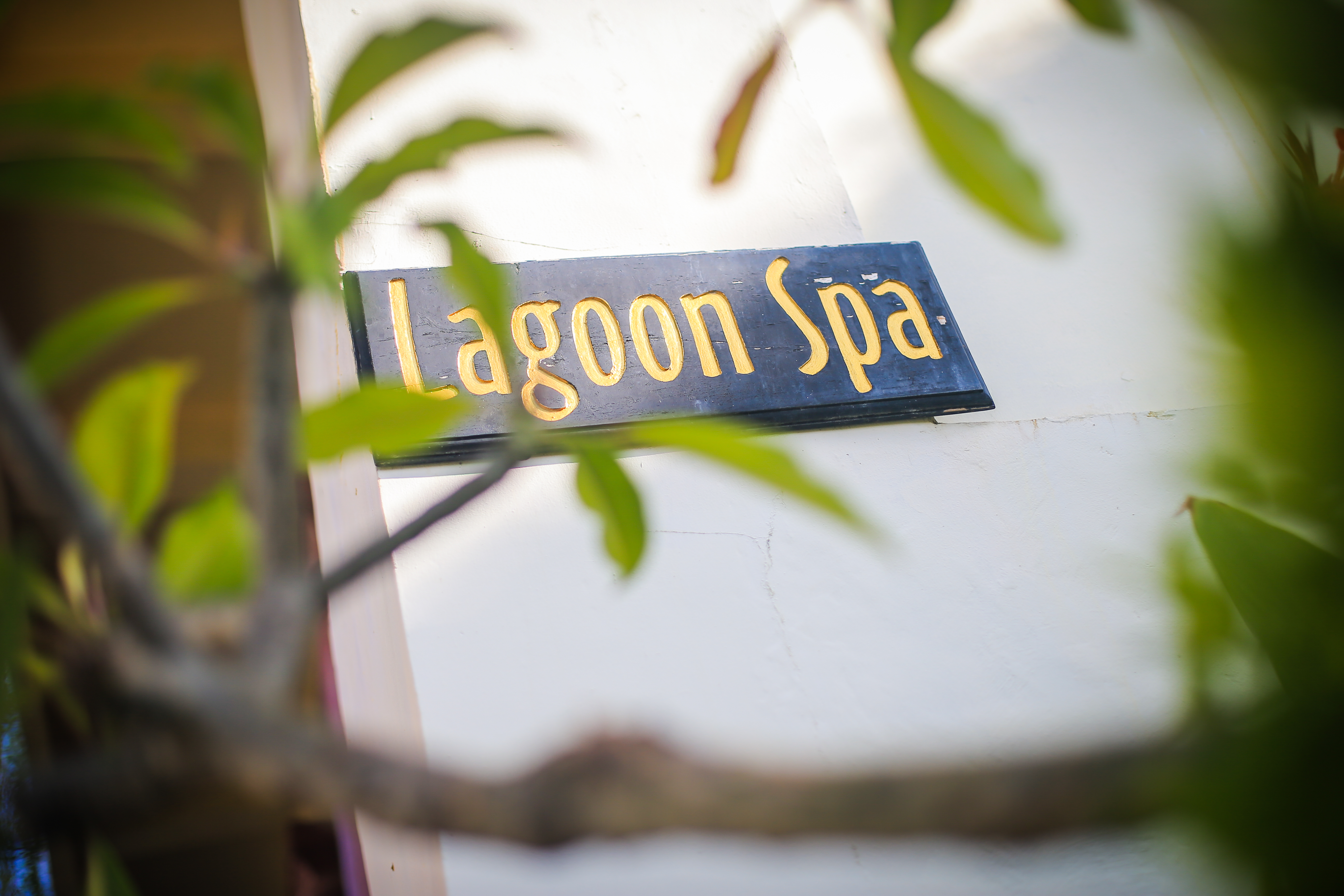 画面中白色墙面上挂有藏蓝色底、金色字体的“Lagoon Spa”标识牌，周边青翠枝叶朦胧掩映，整体氛围静谧闲适。这是本次安利活动为参会伙伴设置的休闲放松配套区域，尽显活动的贴心安排，让大家在行程之余可舒缓身心。