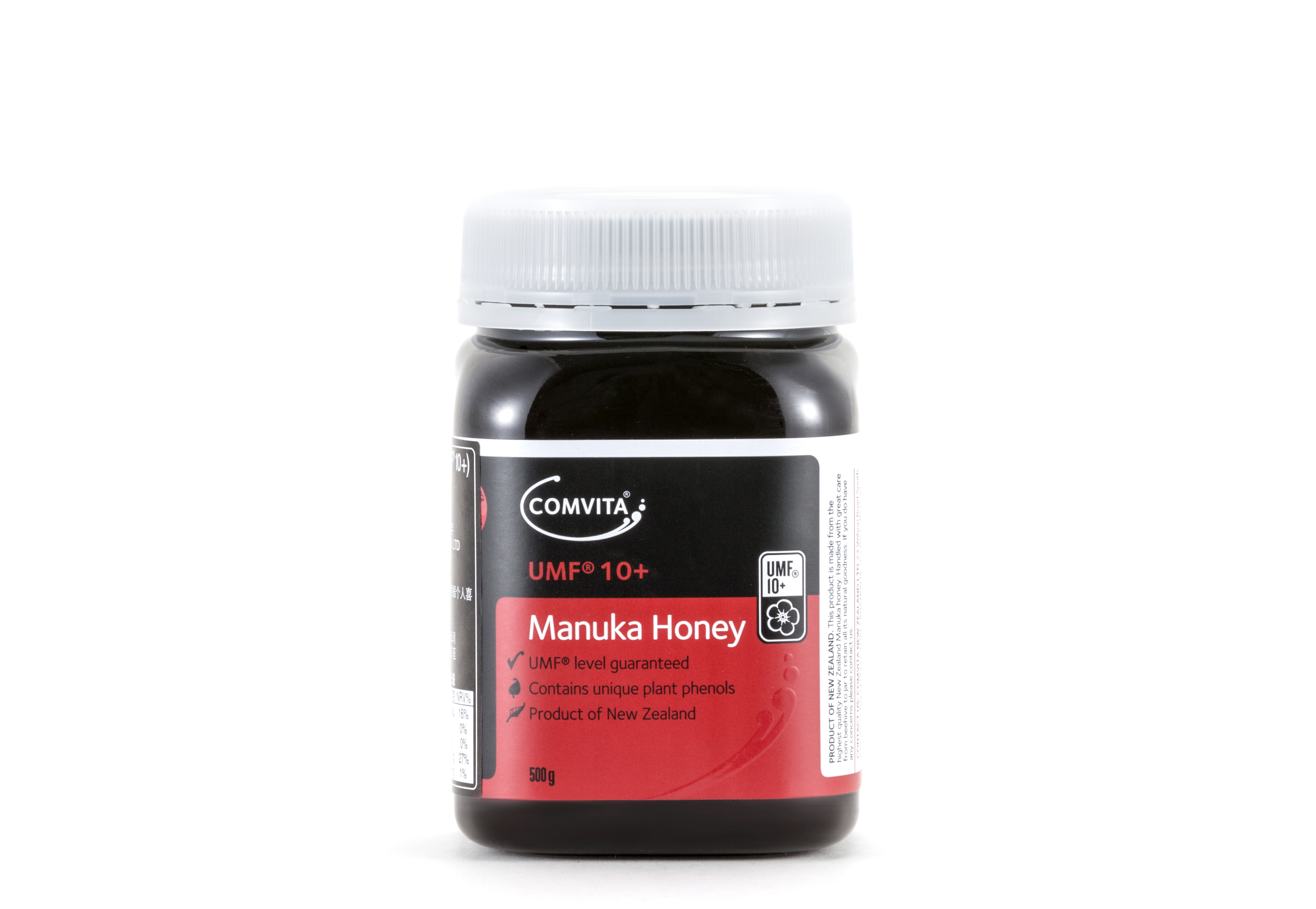 图中为康维他（COMVITA）UMF®10+麦卢卡蜂蜜，净含量500g，是新西兰原装进口产品，拥有官方UMF等级认证，富含独特植物酚类。产品采用避光深色密封瓶搭配红黑标识，质感精良，凸显高品质天然健康食品属性。