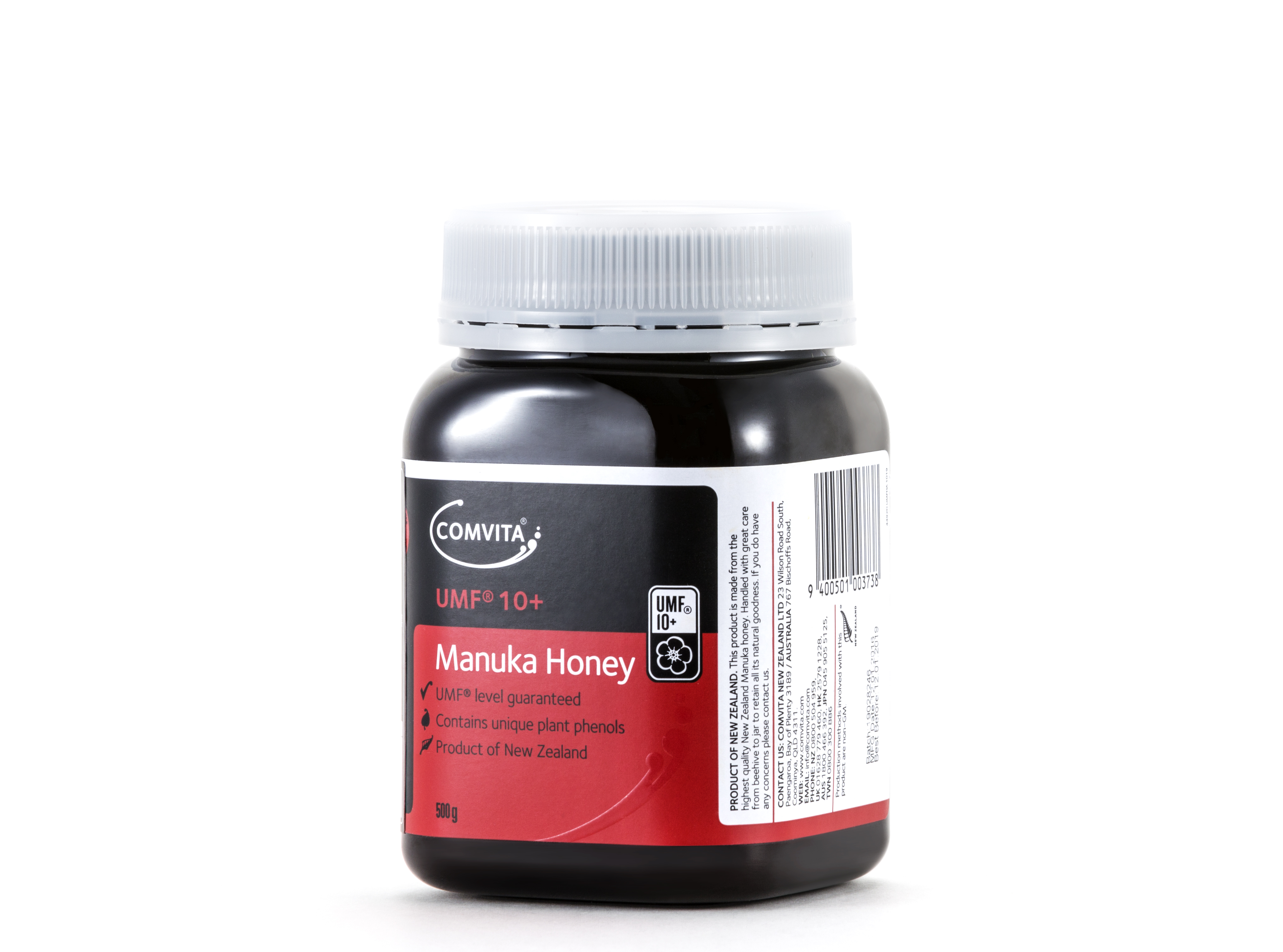 本次展示的是康维他（COMVITA）UMF10+麦卢卡蜂蜜，规格为500g。瓶身清晰标注UMF认证标识，明确产品为新西兰原装出产、含有独特植物酚。纯白背景下产品质感精良，充分凸显天然高品质属性，适配安利健康品类宣传场景。