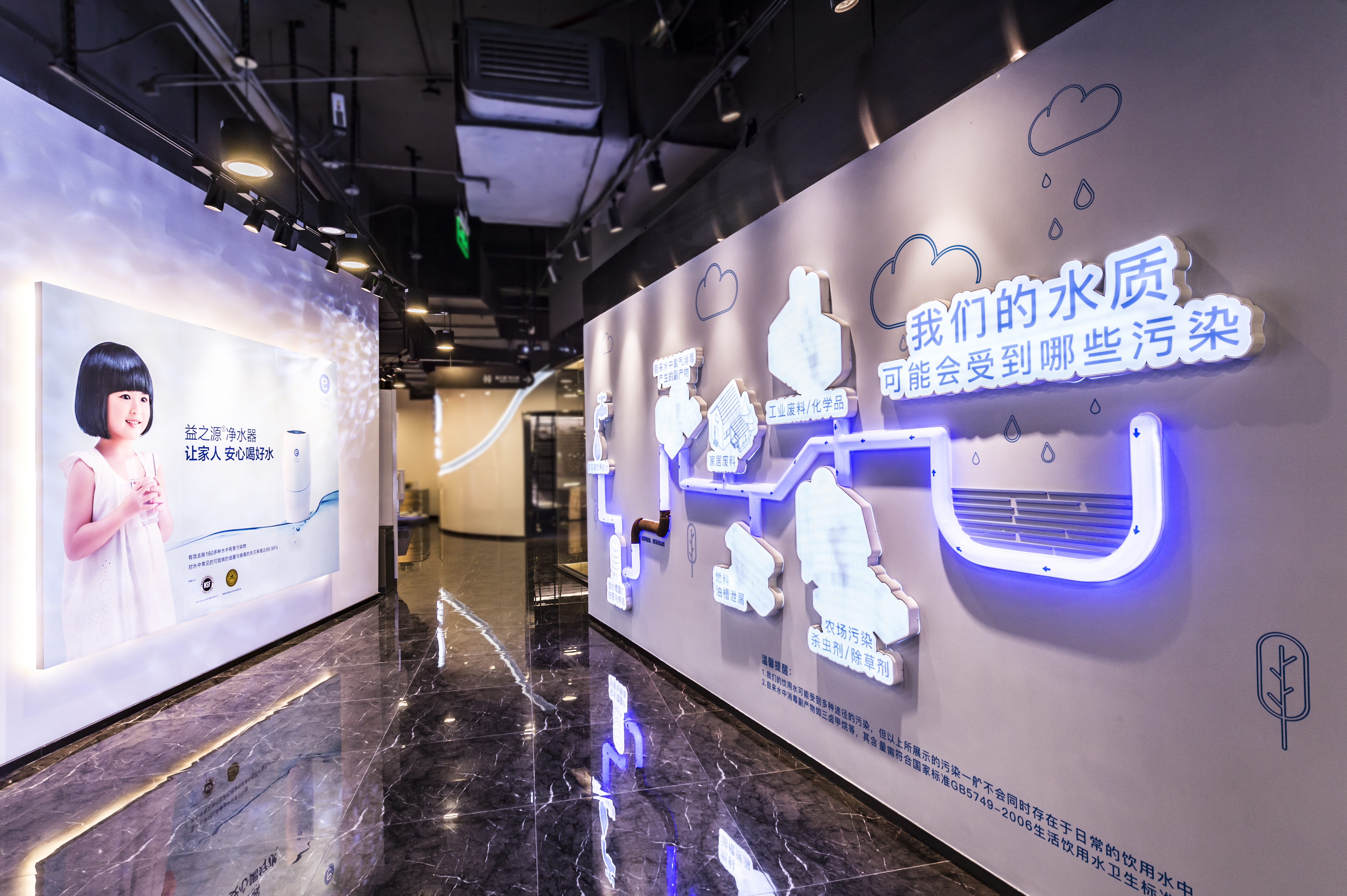 这是安利净水主题展区，一侧墙面展示益之源净水器宣传海报，标注“益之源净水器 让家人安心喝好水”；另一侧为水质科普展示墙，标注“我们的水质可能会受到哪些污染”，清晰罗列常见水污染来源，整体布展科技感十足，直观传递净水产品的健康价值，专业易懂。