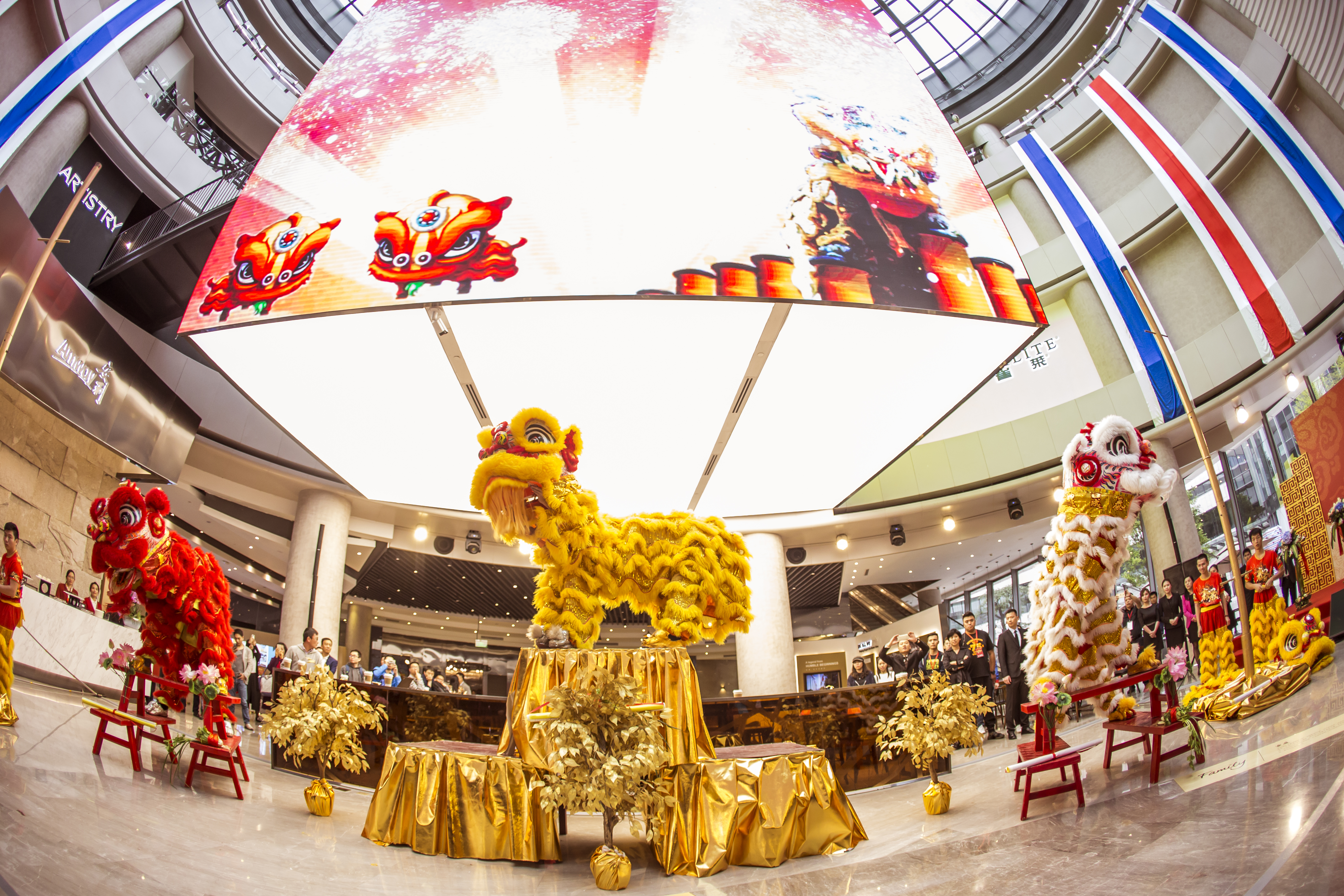 本次安利品牌庆典活动现场，上方巨型LED屏展示醒狮主题画面，场地可见ARTISTRY品牌标识，红黄白三色醒狮造型灵动亮眼，现场工作人员与来宾齐聚观看，整体氛围喜庆热烈，尽显品牌昂扬向上的发展活力。