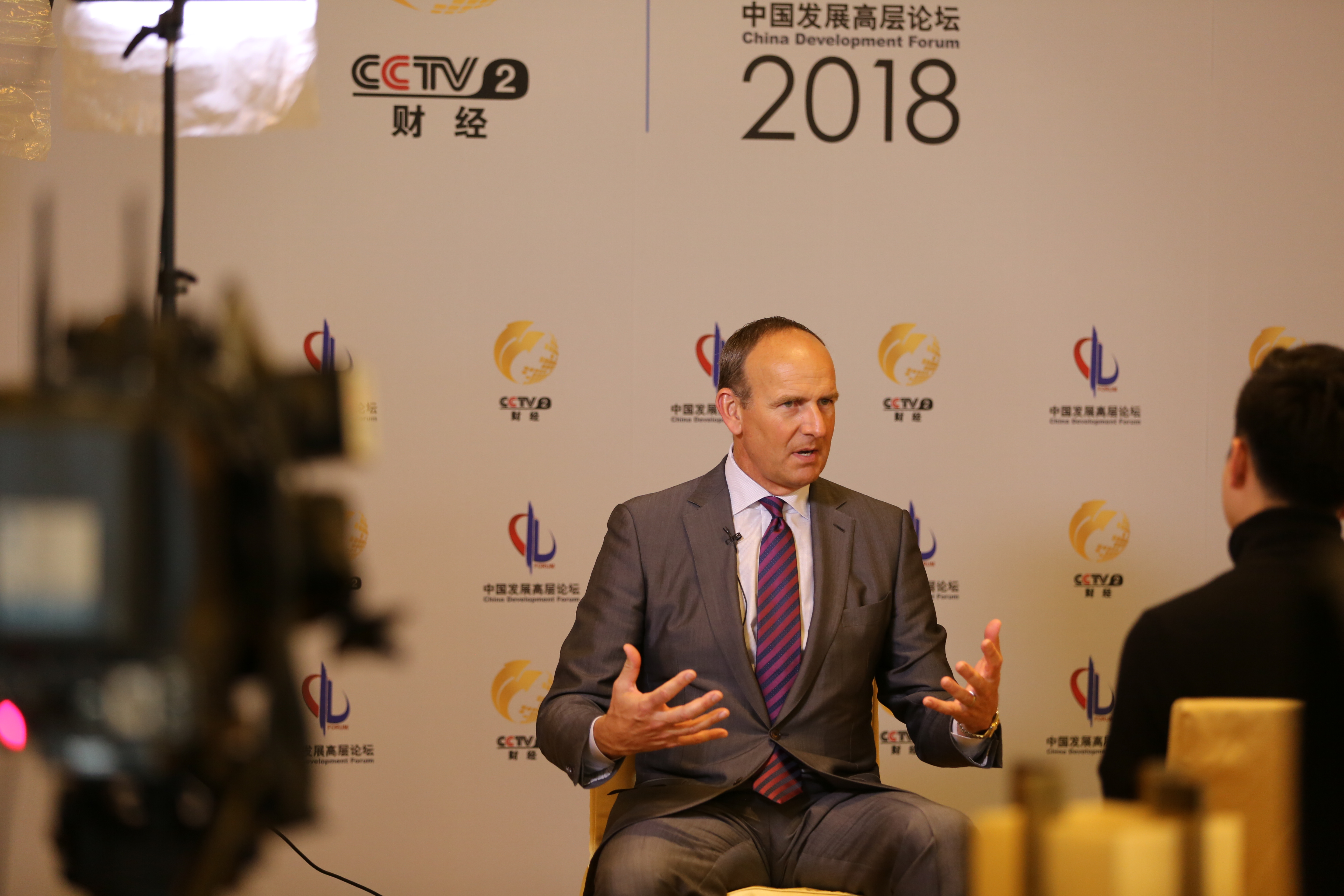 拍摄场景为2018中国发展高层论坛，背景带有“CCTV2财经”标识，身着正装的安利高管正接受专访，神态从容、手势舒展，现场架设专业拍摄设备，氛围正式专业，充分展现安利深度参与高端行业交流、传递企业发展理念的积极姿态。