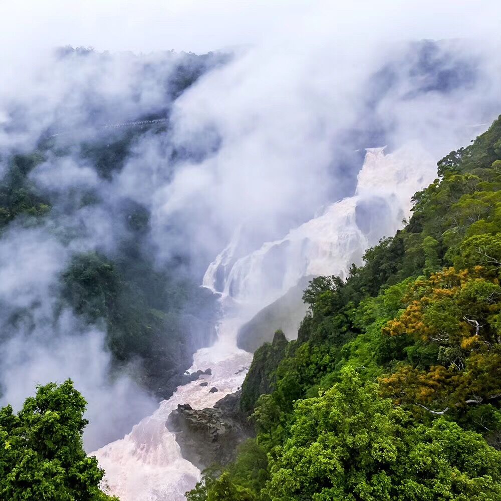画面中云雾缭绕于苍翠峡谷间，奔涌的瀑布顺山势倾泻而下，水流湍急，两岸林木葱翠繁茂，壮阔景致宛若仙境。这是本次安利菁英研讨会户外体验环节的实地景色，尽显蓬勃自然生机，也承载着对伙伴事业昂扬向上的美好祝愿。