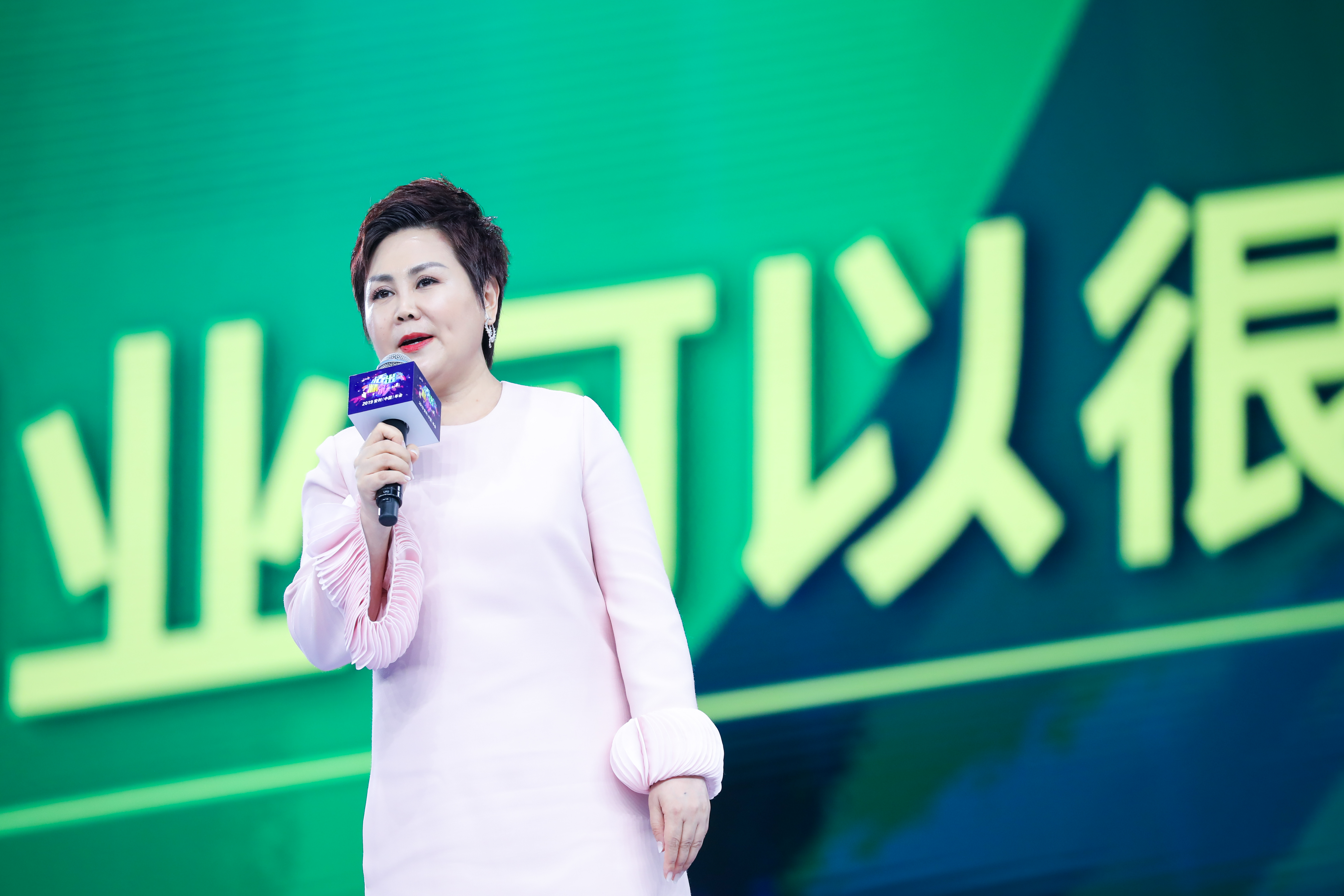 画面中身着浅粉色连衣裙的女嘉宾，手持印有“2019安利”字样的活动专属麦克风，站在带有主题文字的绿色大屏前进行分享，现场氛围积极正向，尽显安利品牌活动的专业活力。