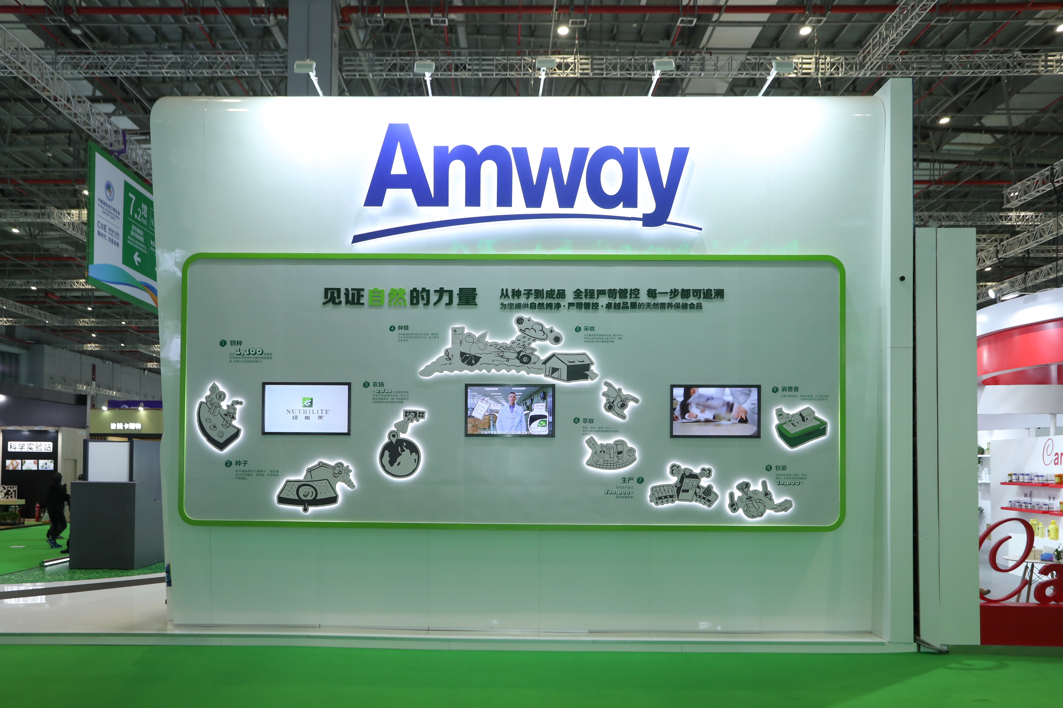 画面为展会现场的安利展示墙，顶部设有醒目的Amway品牌标识，展示区标注核心标语“见证自然的力量，从种子到成品 全程严苛管控 每一步都可追溯”，以图示、显示屏清晰呈现全链路品控流程，整体风格简约专业，直观展现安利对产品品质的高标准要求。