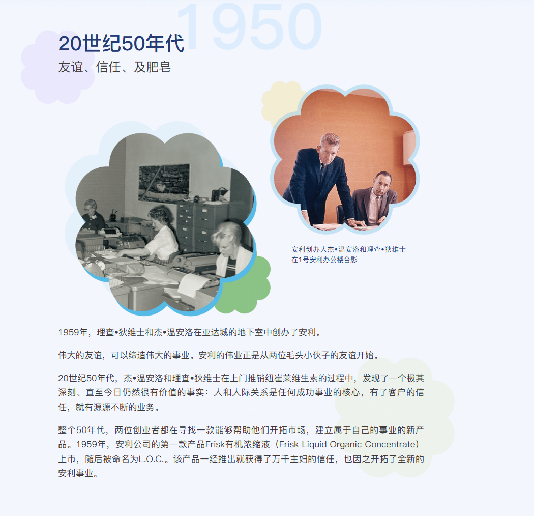 友谊、信任、及肥皂
1959年，理查•狄维士和杰•温安洛在亚达城的地下室中创办了安利。
伟大的友谊，可以缔造伟大的事业。安利的伟业正是从两位毛头小伙子的友谊开始。
20世纪50年代，杰•温安洛和理查•狄维士在上门推销纽崔莱维生素的过程中，发现了一个极其深刻、直至今日仍然很有价值的事实：人和人际关系是任何成功事业的核心，有了客户的信任，就有源源不断的业务。
整个50年代，两位创业者都在寻找一款能够帮