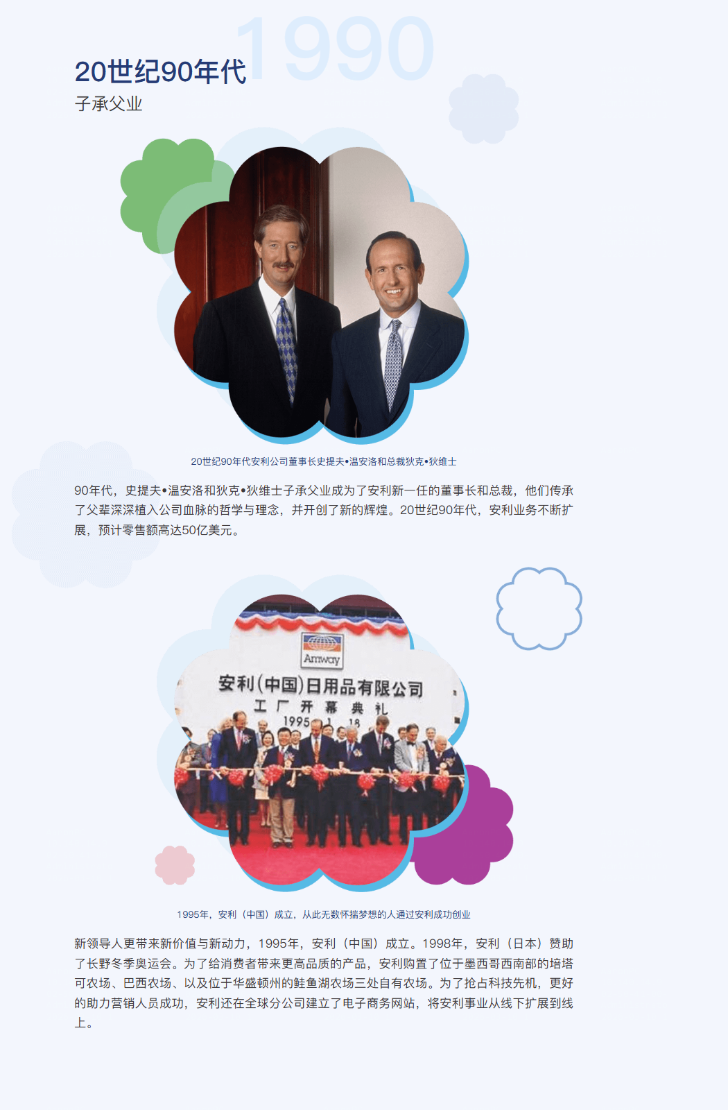 子承父业
90年代，史提夫•温安洛和狄克•狄维士子承父业成为了安利新一任的董事长和总裁，他们传承了父辈深深植入公司血脉的哲学与理念，并开创了新的辉煌。20世纪90年代，安利业务不断扩展，预计零售额高达50亿美元。
新领导人更带来新价值与新动力，1995年，安利（中国）成立。1998年，安利（日本）赞助了长野冬季奥运会。为了给消费者带来更高品质的产品，安利购置了位于墨西哥西南部的培塔可农场、巴西农场