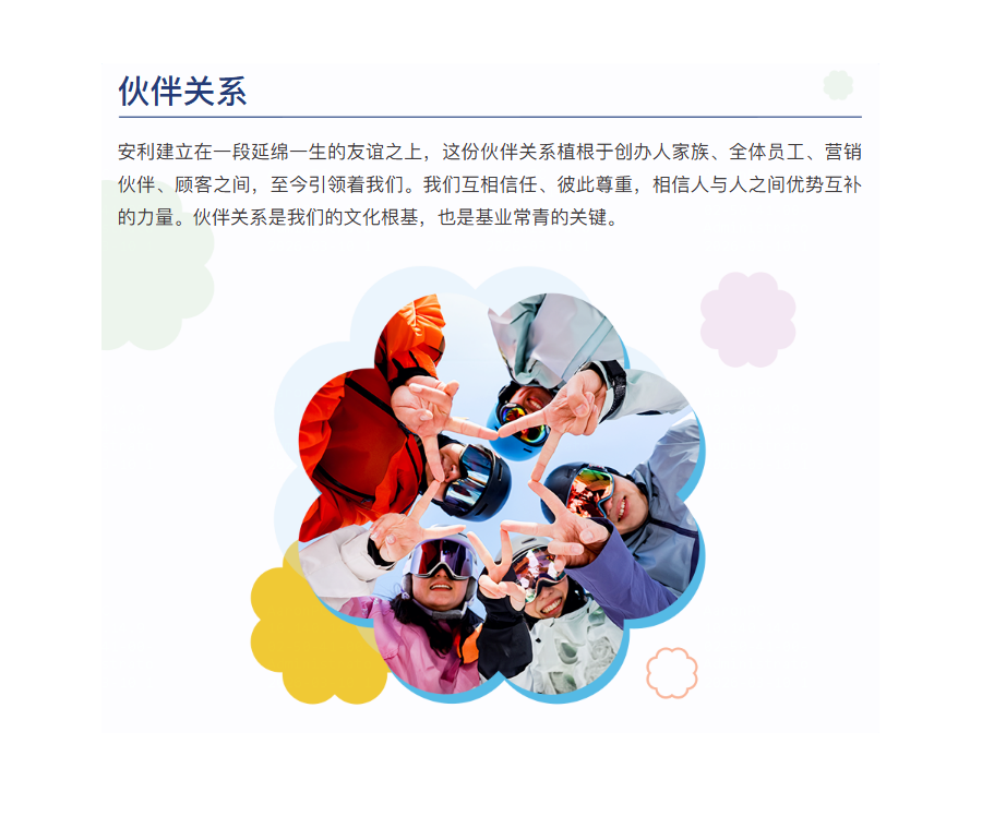 安利建立在一段延绵一生的友谊之上，这份伙伴关系植根于创办人家族、全体员工、营销伙伴、顾客之间，至今引领着我们。我们互相信任、彼此尊重，相信人与人之间优势互补的力量。伙伴关系是我们的文化根基，也是基业常青的关键。