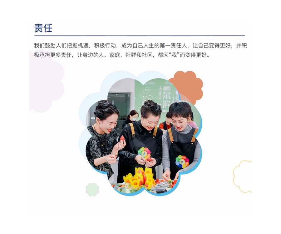 我们鼓励人们把握机遇，积极行动，成为自己人生的第一责任人，让自己变得更好，并积极承担更多责任，让身边的人、家庭、社群和社区，都因“我”而变得更好。